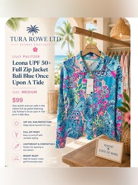 Lilly Pulitzer Leona UPF 50+ Full Zip Jacket Bali  Once Upon A Tide Medium NWT